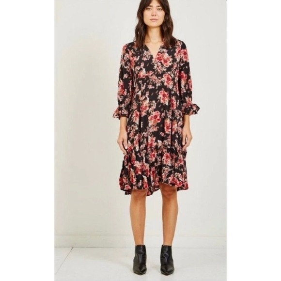 byTiMo Rose Printed Day Dress Black Floral V Neck Ruffle Long Sleeve Medium - Picture 1 of 11